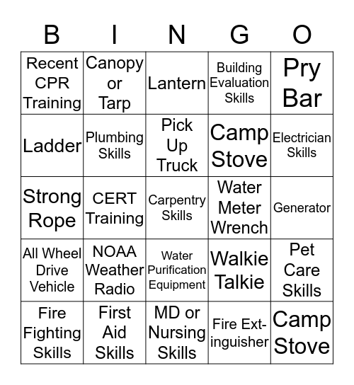 Skycrest Disaster Resources Bingo Card