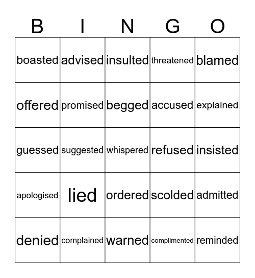 Speech Act Verbs Bingo Card