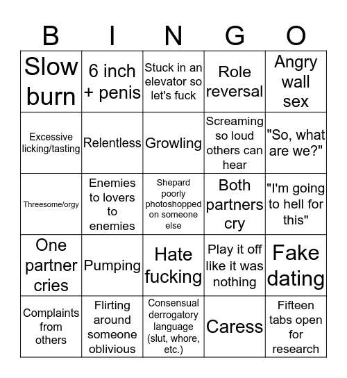 Smut Bingo Card