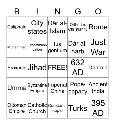 Political Science: Christian & Islamic Orders Bingo Card