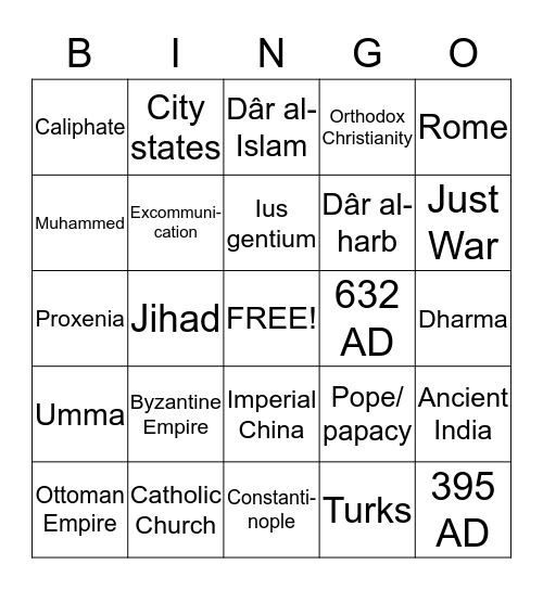 Political Science: Christian & Islamic Orders Bingo Card