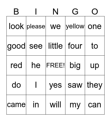Sight Words Grade K Bingo Card