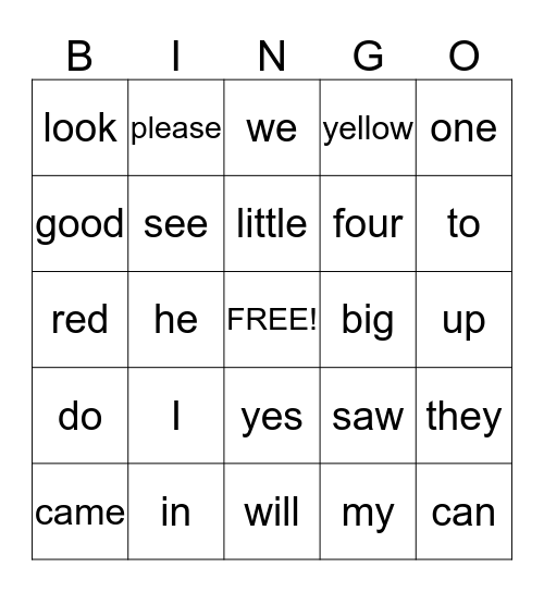Sight Words Grade K Bingo Card
