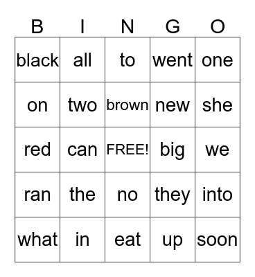 Sight Words Grade K Bingo Card