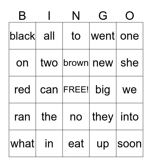 Sight Words Grade K Bingo Card