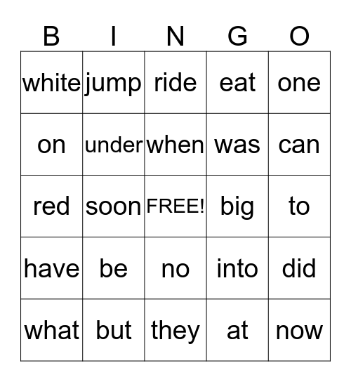 Sight Words Grade K Bingo Card