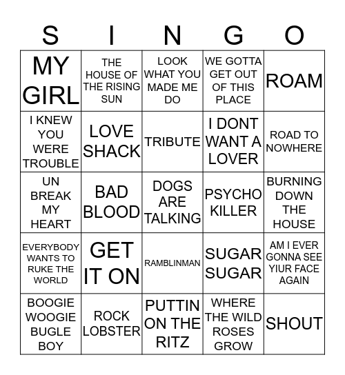 391 ARTISTS STARTING WITH THE LETTER T Bingo Card