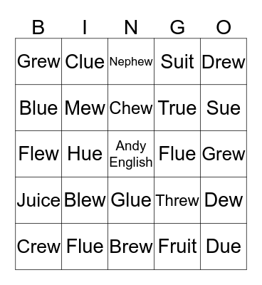 Vowel Digraphs: UI, UE, and EW Bingo Card