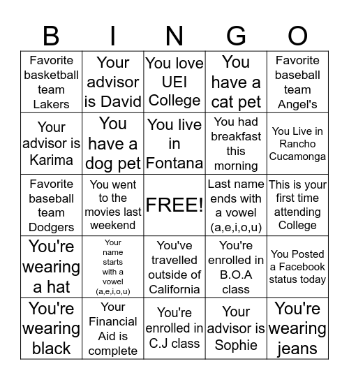 UEI College Bingo Card