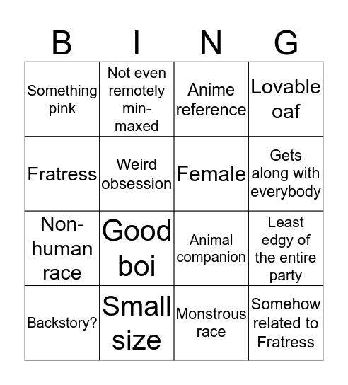 Xander's character bingo Card