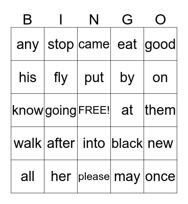 Sight Words Grade 1 Bingo Card