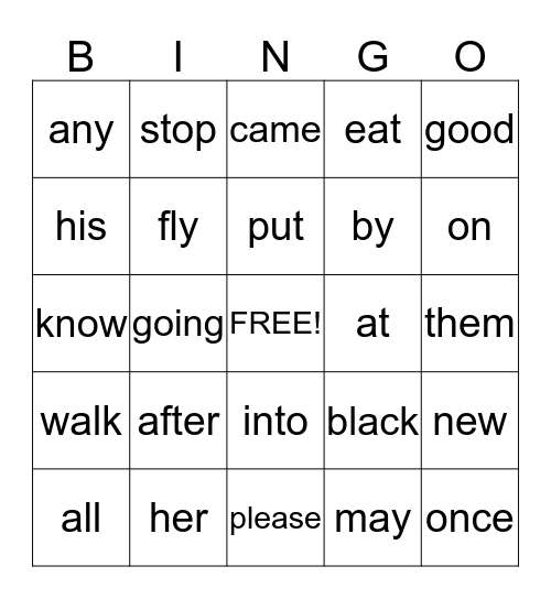 Sight Words Grade 1 Bingo Card