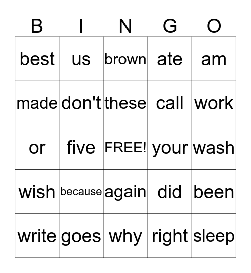 Sight Words Grade 2 Bingo Card
