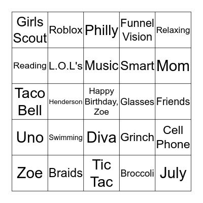 Happy Birthday, Zoe Bingo Card
