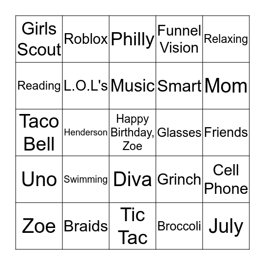 Happy Birthday, Zoe Bingo Card