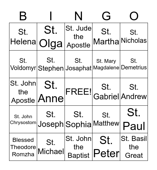 Saints Bingo Card