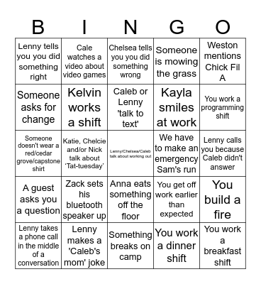 Cedar Grove Staff Bingo Card