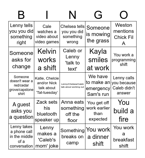 Cedar Grove Staff Bingo Card