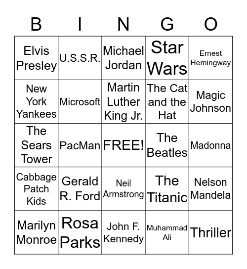 DECADES BINGO Card