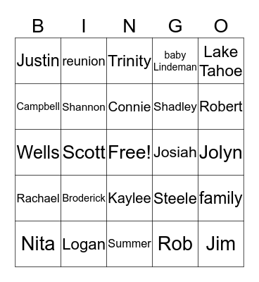 Lake Tahoe 2nd Annual Reunion Bingo Card