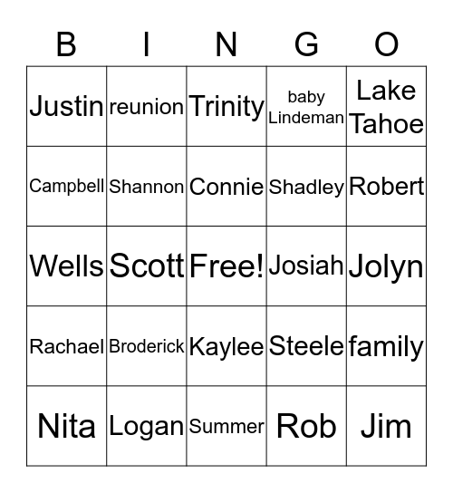 Lake Tahoe 2nd Annual Reunion Bingo Card