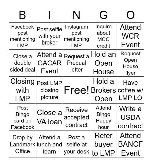 Landmark Mortgage Planners (LMP) Bingo Card