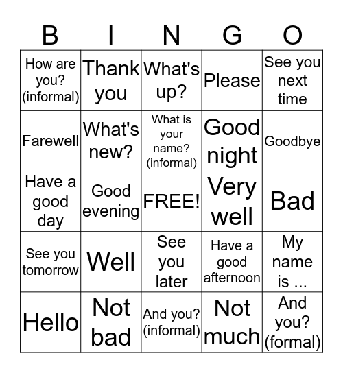 Salutations (F-E) Bingo Card