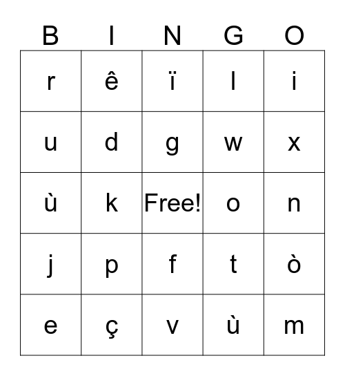 Alphabet Français Bingo Card