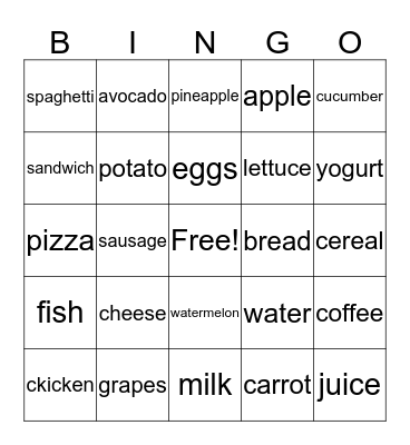 Food and Health Bingo Card