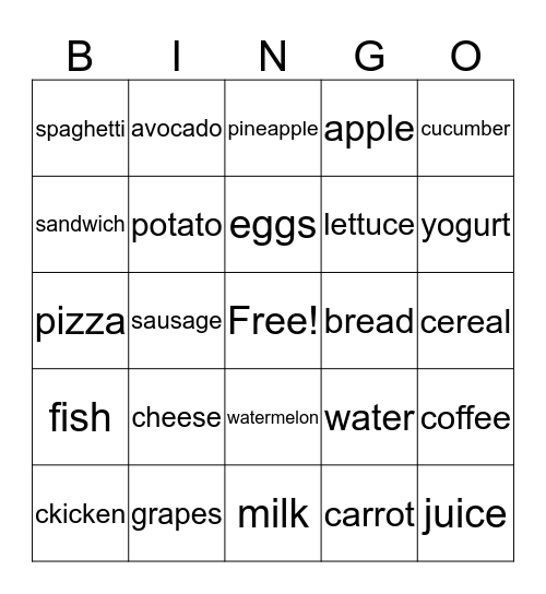 Food and Health Bingo Card