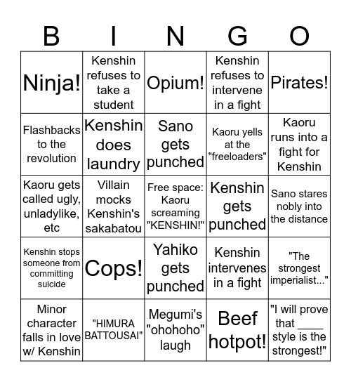 Rurouni Kenshin Bingo Card