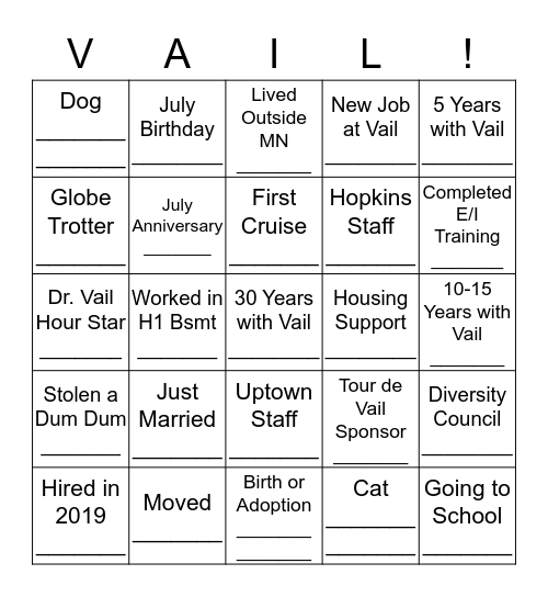 2019 Vail Place Cruise Bingo!!! Bingo Card