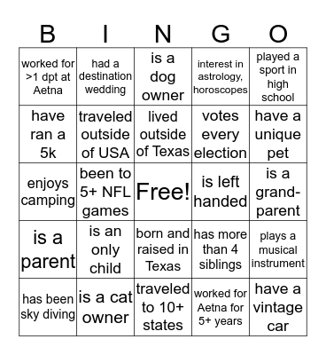 Department Meet and Greet Bingo Card