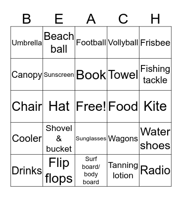 Beach Theme Bingo Card