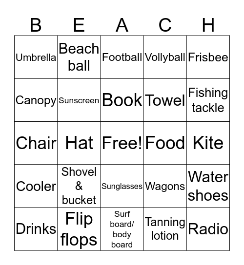 Beach Theme Bingo Card