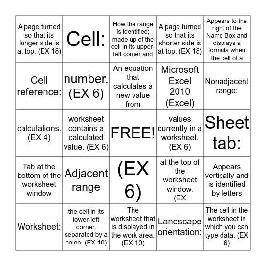 Excel Chapter 1 Bingo Card