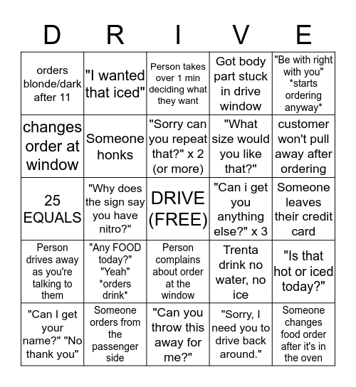 Drive Thru Bingo Card