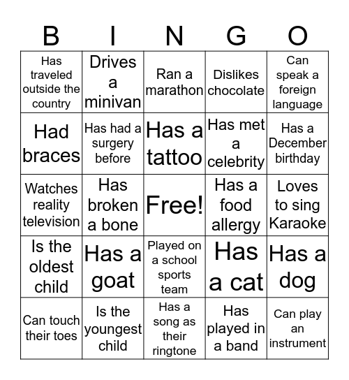 Get to Know You Bingo! Bingo Card