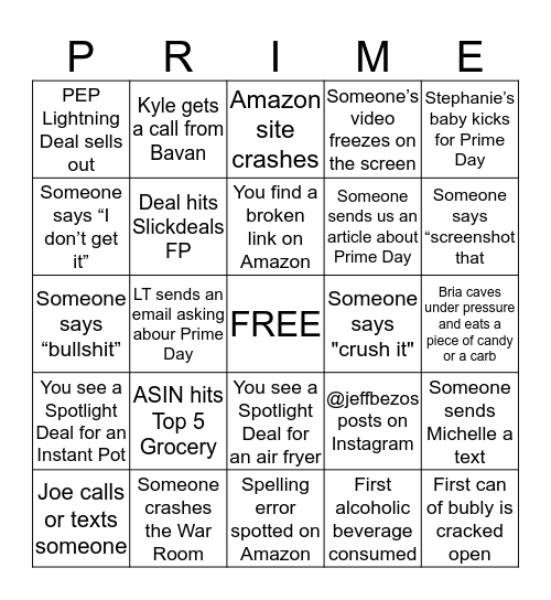 Prime Day War Room BINGO Card