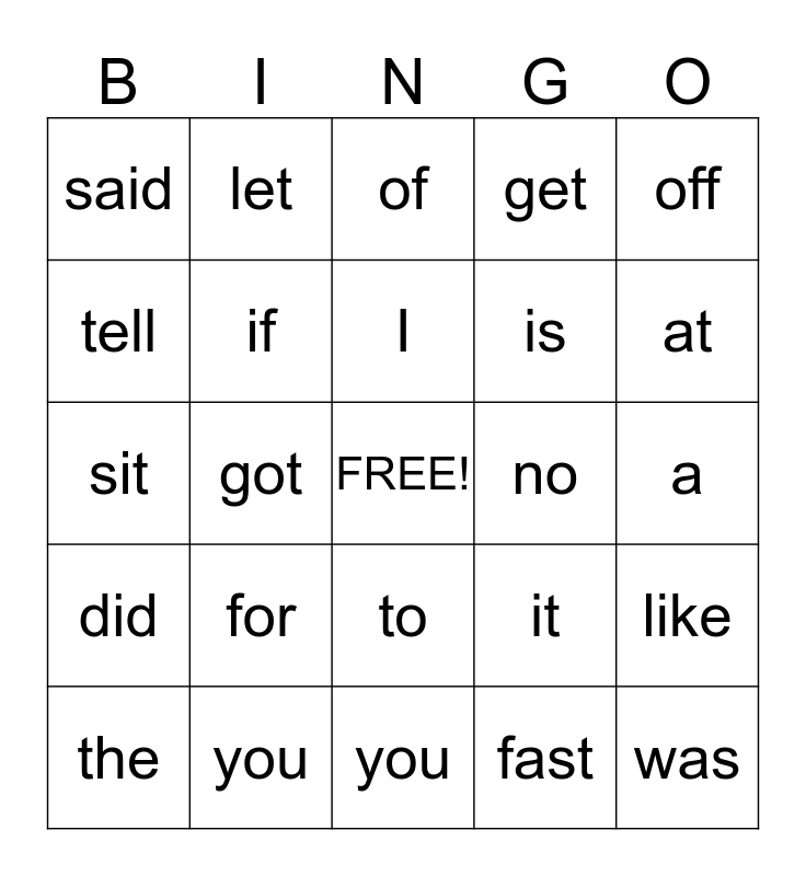 Memory/Sight Word Bingo Card