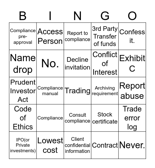 Compliance Bingo! Bingo Card