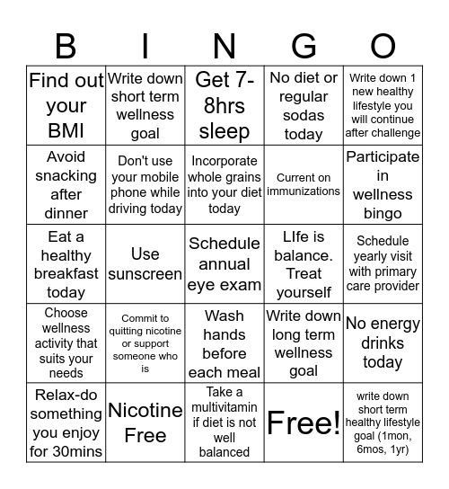 Wellness Bingo-Week 4 Overall Health & Wellness Bingo Card