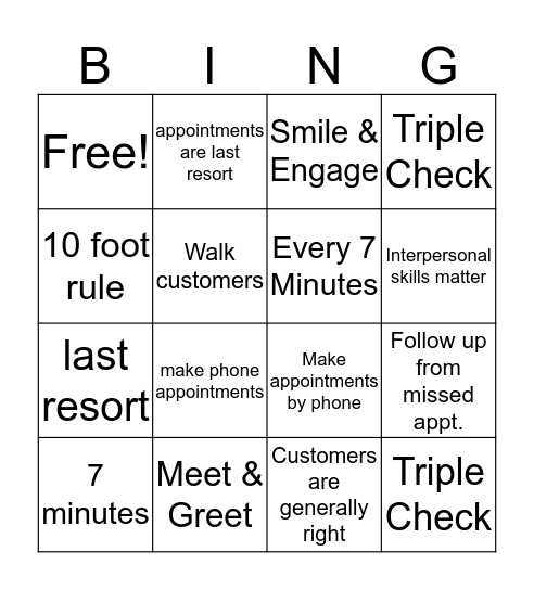 Customer Service Promises Bingo Card