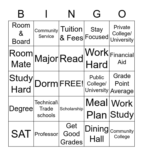 College Bingo  Bingo Card