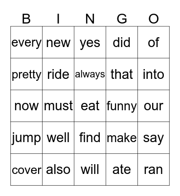 SIGHT WORD BINGO Card
