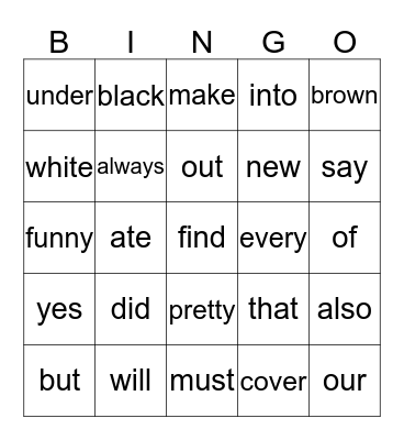 SIGHT WORD Bingo Card
