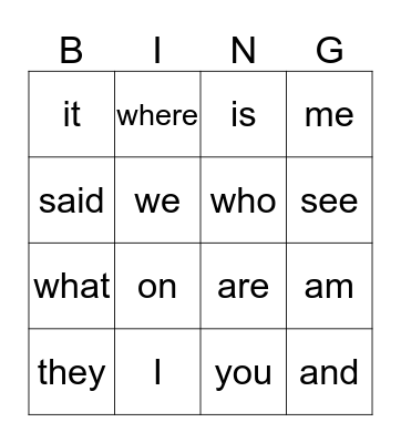 Sight Words Bingo Card