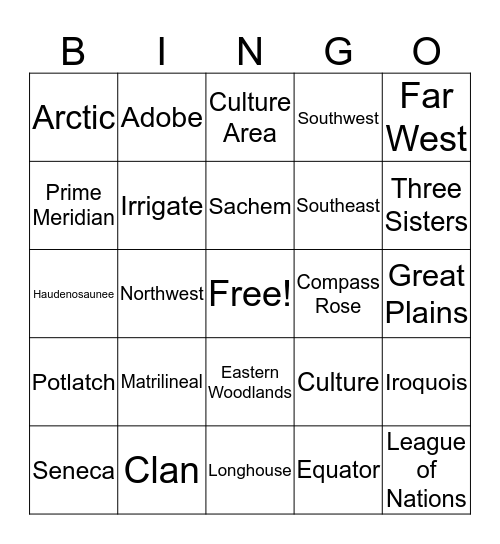 Geography & Native Americans  Bingo Card