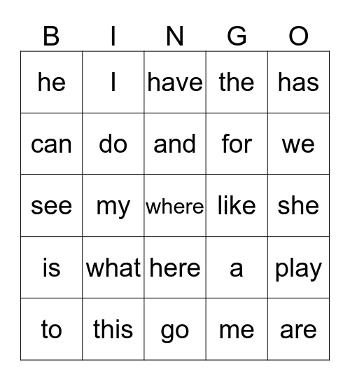 Sight Words Bingo Card