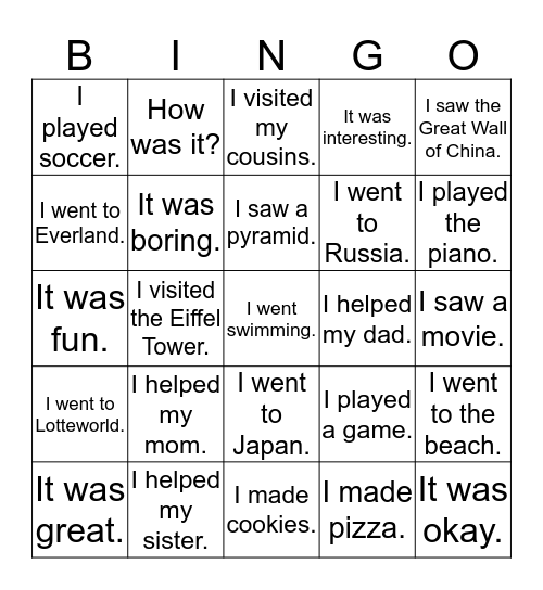 What did you do during your vacation? Bingo Card